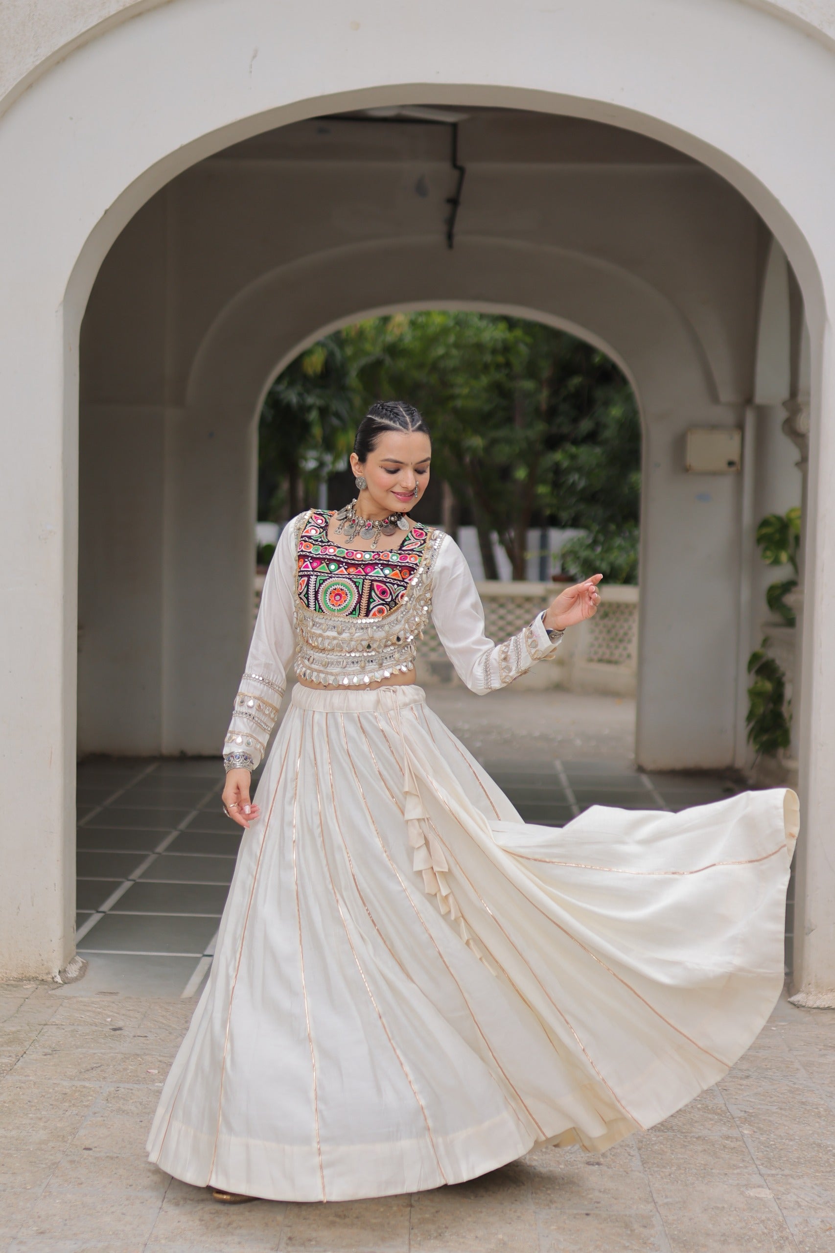 Lorenvalley Fashion White Roman Silk with Attractive Gota-Patti Lace Lehenga Choli