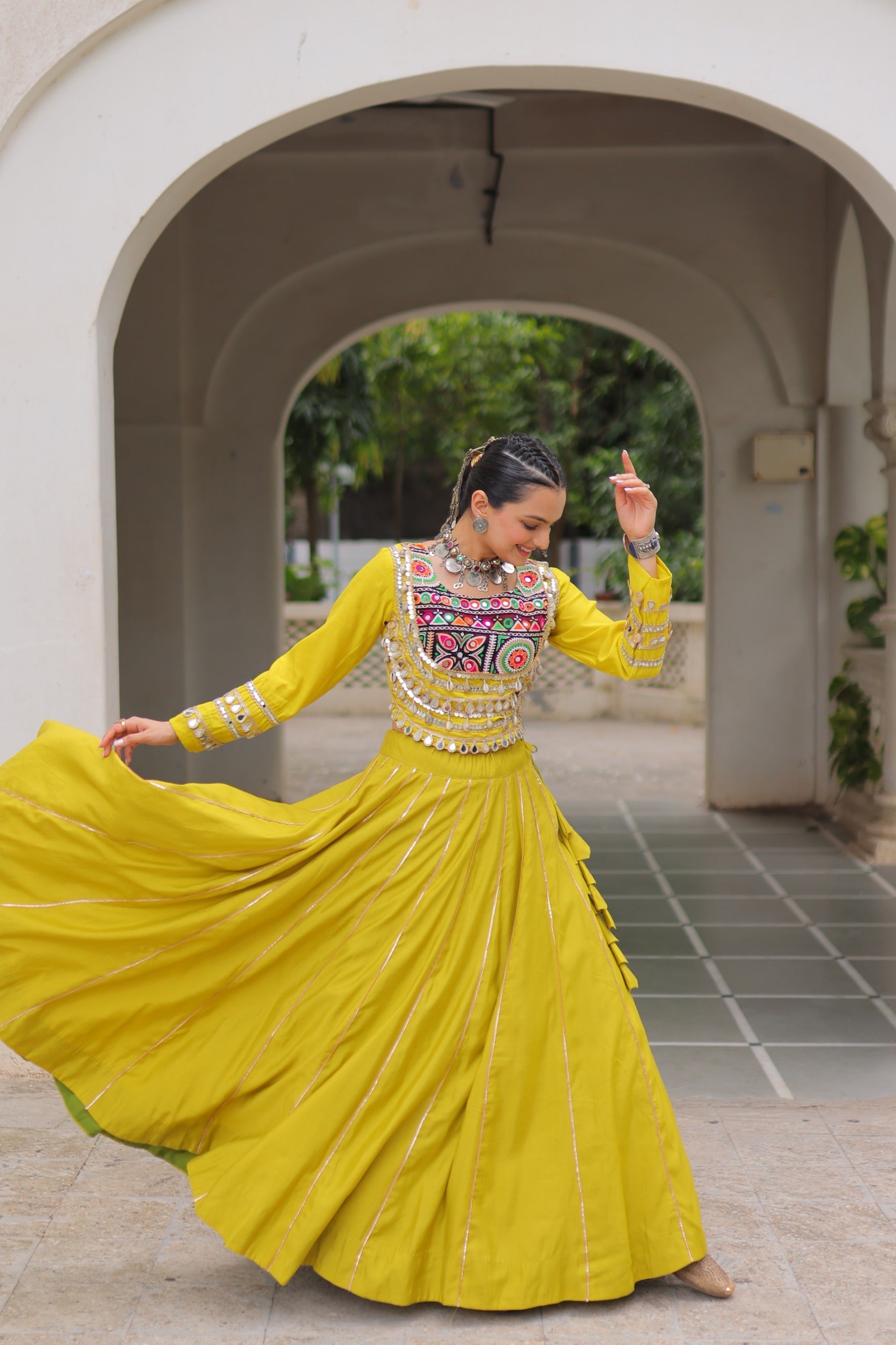 Lorenvalley Fashion Yellow Roman Silk with Attractive Gota-Patti Lace Lehenga Choli