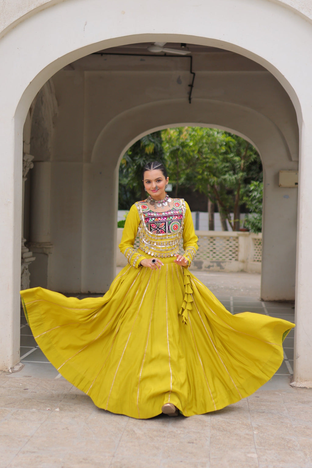 Lorenvalley Fashion Yellow Roman Silk with Attractive Gota-Patti Lace Lehenga Choli