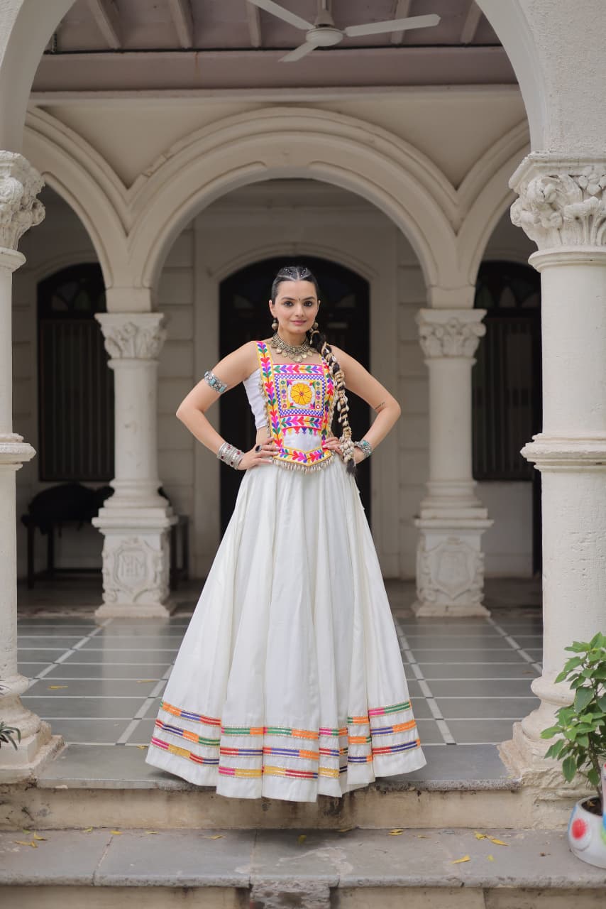 Lorenvalley Fashion White Roman Silk with Attractive Gota-Patti Lace Lehenga Choli