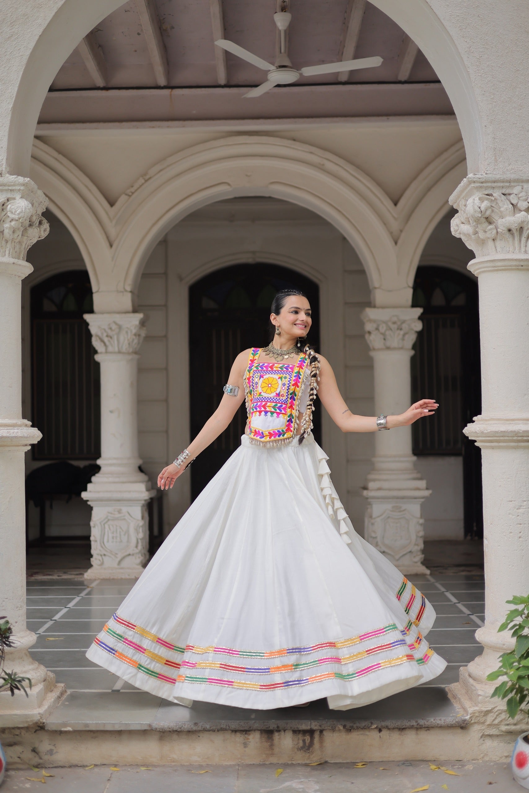 Lorenvalley Fashion White Roman Silk with Attractive Gota-Patti Lace Lehenga Choli