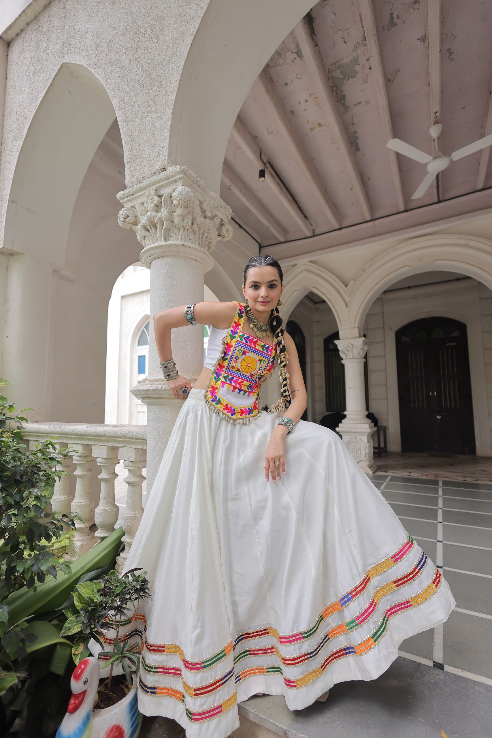 Lorenvalley Fashion White Roman Silk with Attractive Gota-Patti Lace Lehenga Choli