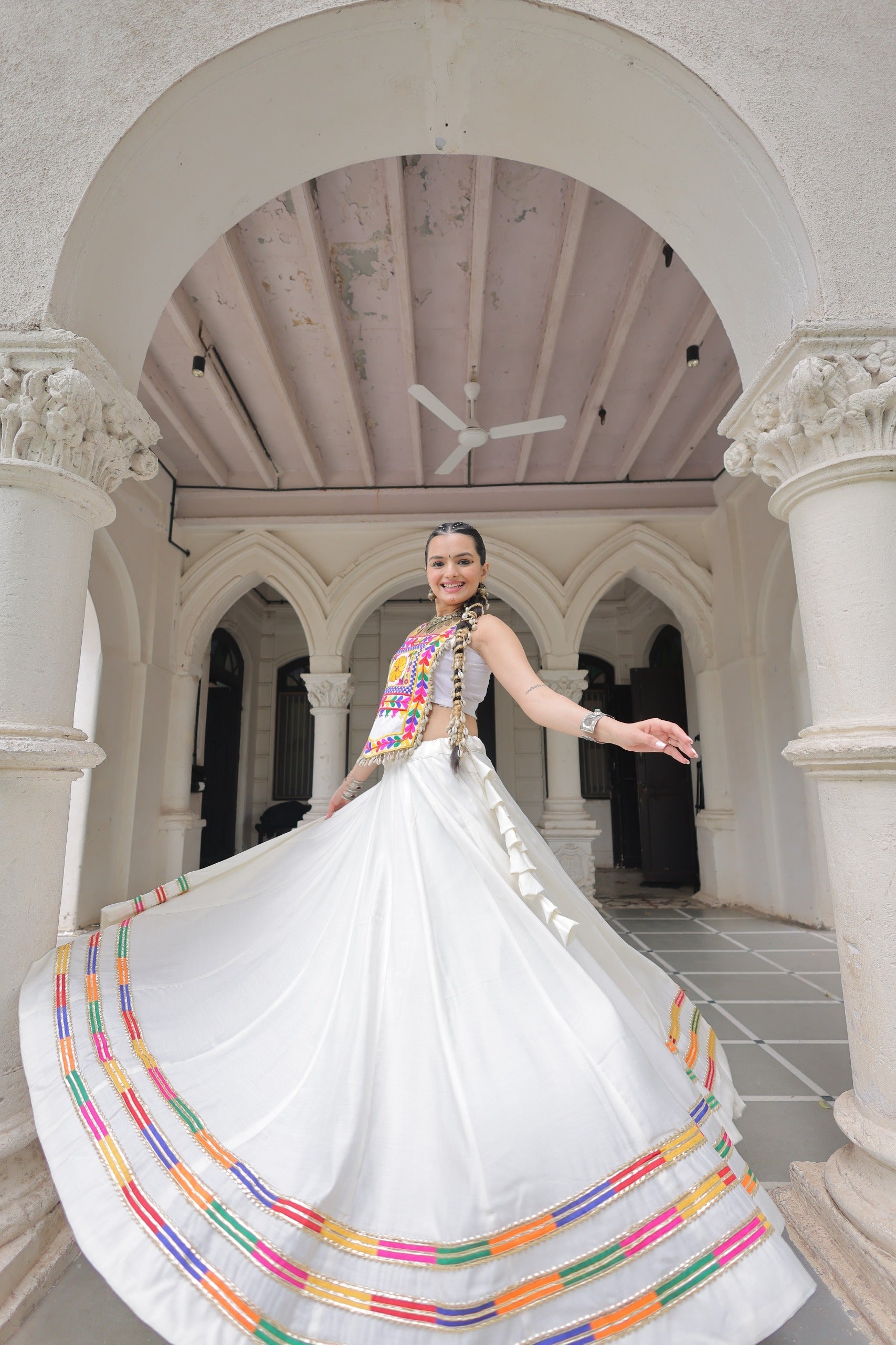 Lorenvalley Fashion White Roman Silk with Attractive Gota-Patti Lace Lehenga Choli