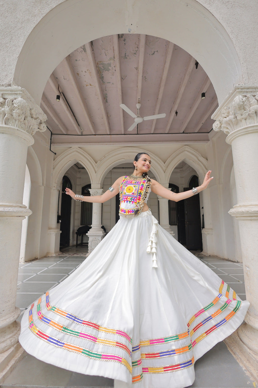 Lorenvalley Fashion White Roman Silk with Attractive Gota-Patti Lace Lehenga Choli
