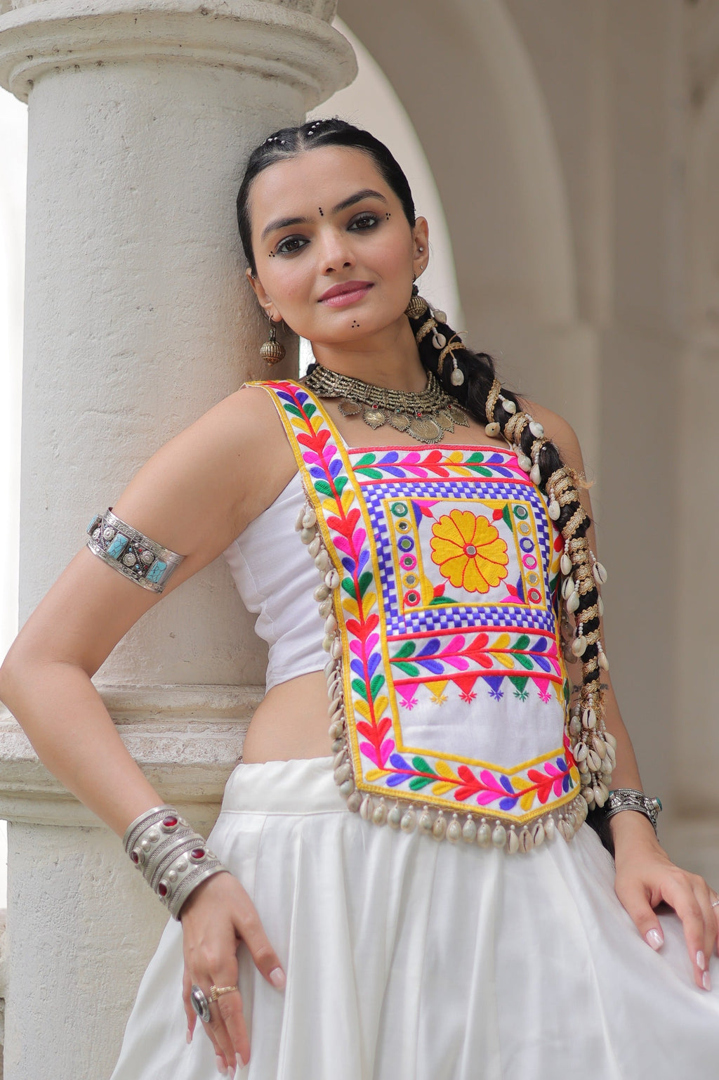 Lorenvalley Fashion White Roman Silk with Attractive Gota-Patti Lace Lehenga Choli
