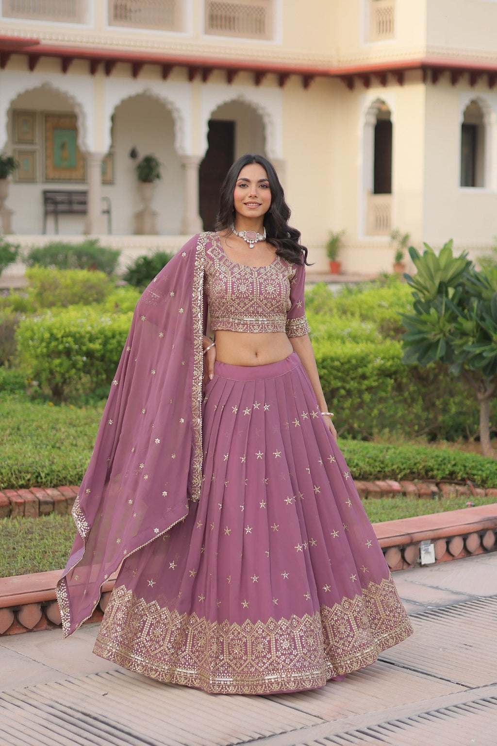 Lorenvalley Fashion Onion Pink Faux Georgette With Sequins & Zari Multi Embroidered work Lehenga Choli with Dupatta - Distacart
