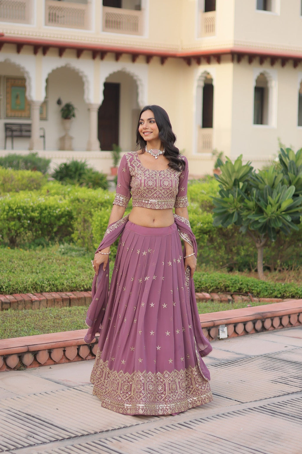 Lorenvalley Fashion Onion Pink Faux Georgette With Sequins & Zari Multi Embroidered work Lehenga Choli with Dupatta - Distacart