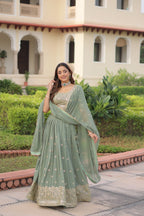 Lorenvalley Fashion Pista Faux Georgette With Sequins & Zari Multi Embroidered work Lehenga Choli with Dupatta