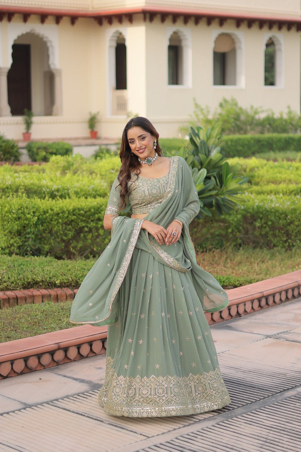 Lorenvalley Fashion Pista Faux Georgette With Sequins & Zari Multi Embroidered work Lehenga Choli with Dupatta