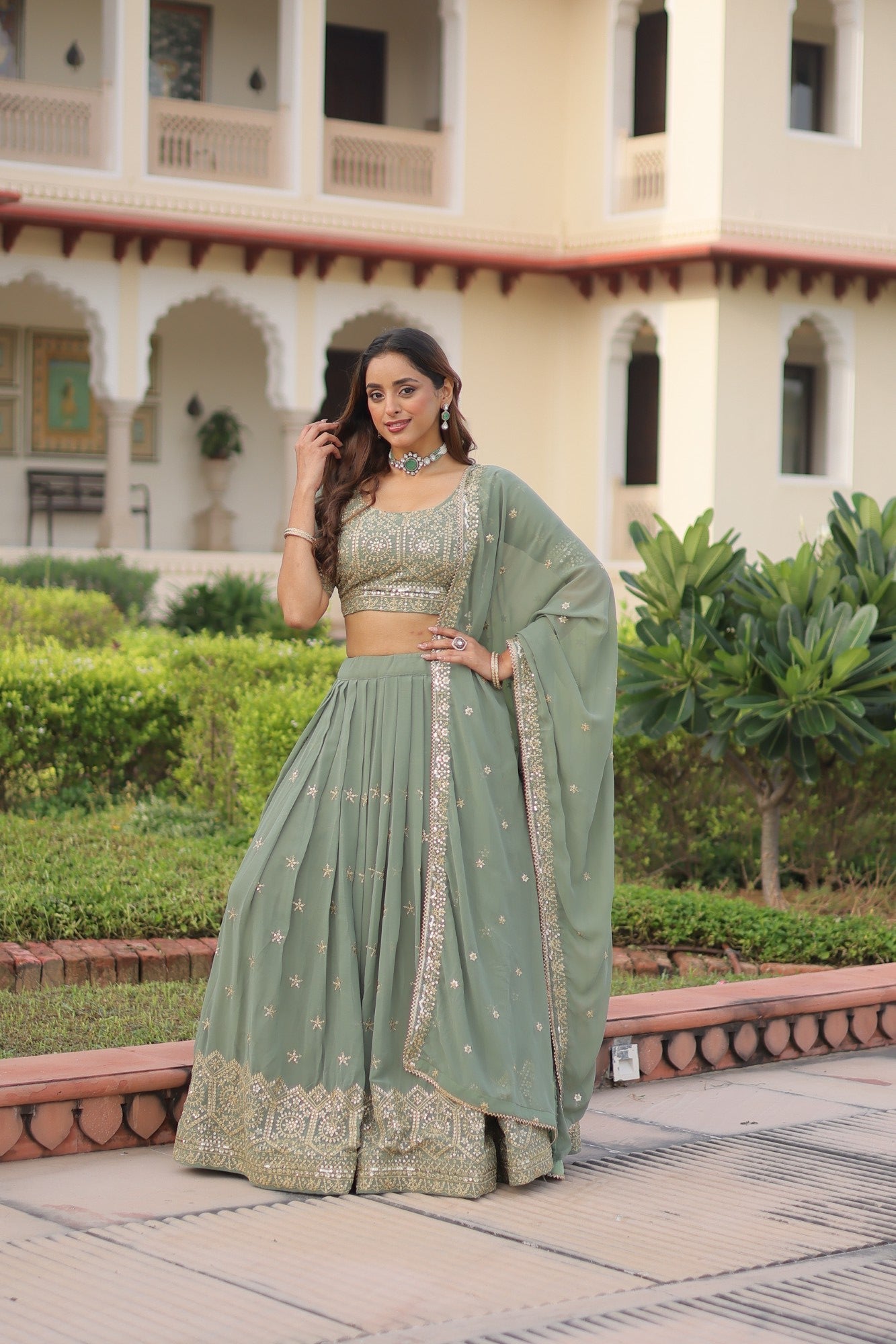 Lorenvalley Fashion Pista Faux Georgette With Sequins & Zari Multi Embroidered work Lehenga Choli with Dupatta