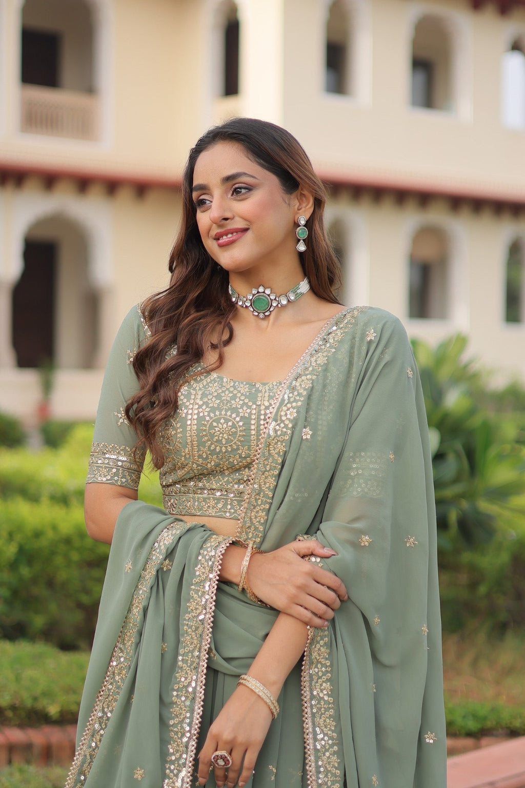 Lorenvalley Fashion Pista Faux Georgette With Sequins & Zari Multi Embroidered work Lehenga Choli with Dupatta