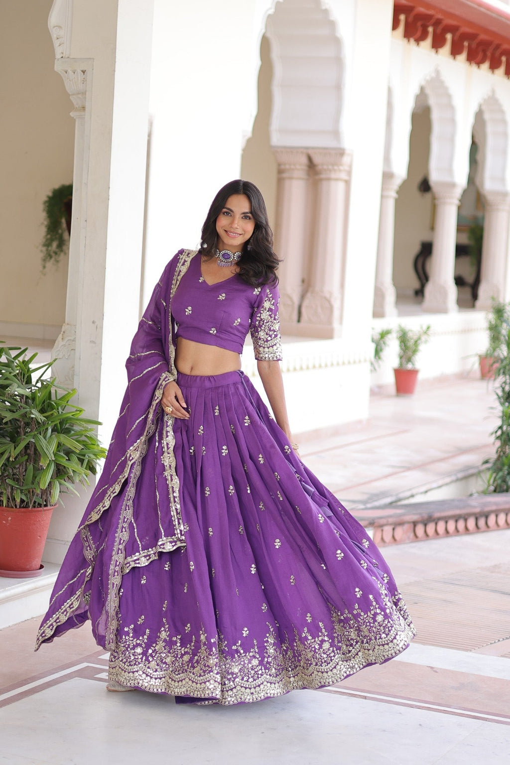 Lorenvalley Fashion Purple Vichitra Silk With Sequins & Zari Multi Embroidered work Lehenga Choli with Dupatta