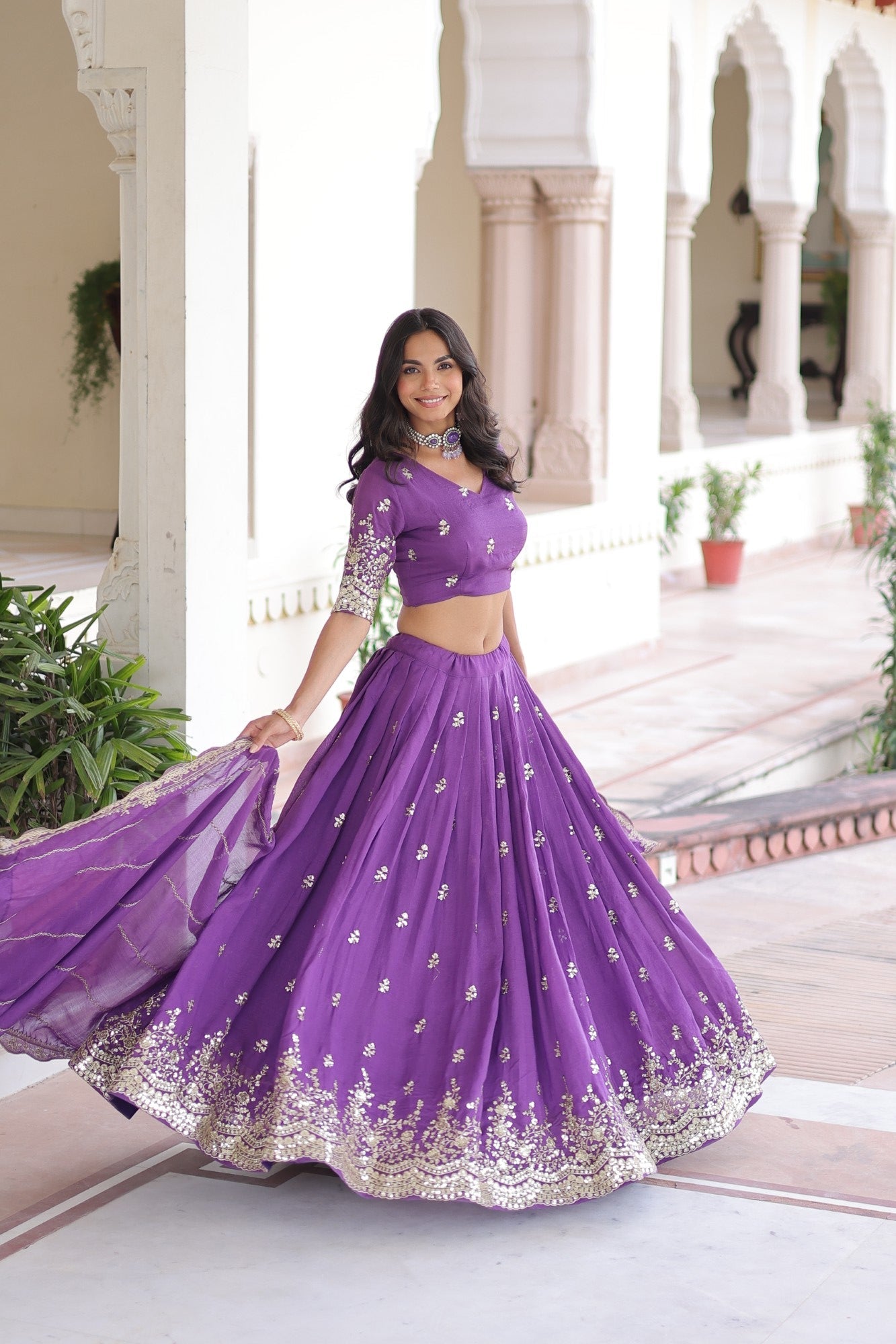 Lorenvalley Fashion Purple Vichitra Silk With Sequins & Zari Multi Embroidered work Lehenga Choli with Dupatta