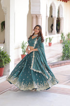 Lorenvalley Fashion Rama Vichitra Silk With Sequins & Zari Multi Embroidered work Lehenga Choli with Dupatta