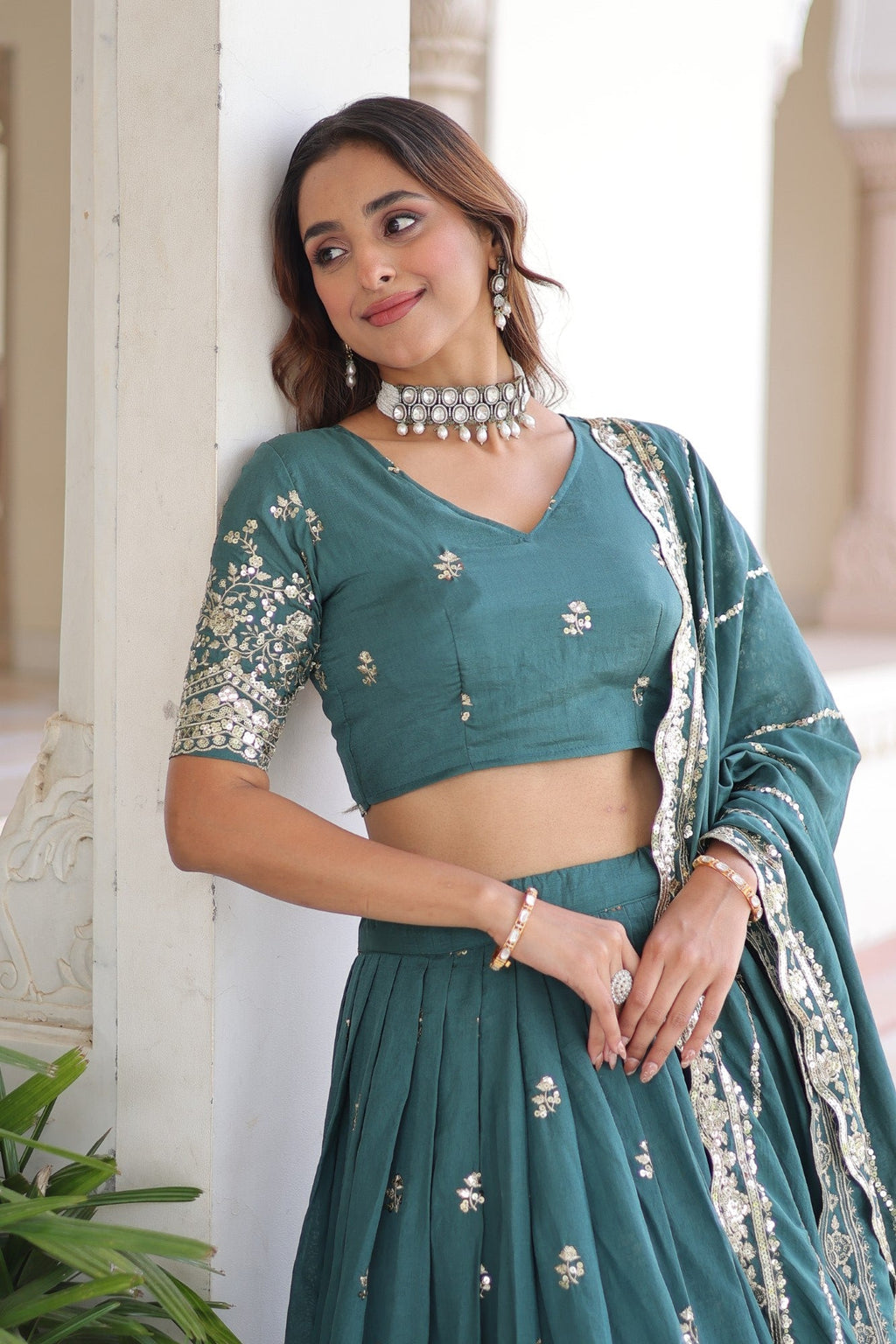 Lorenvalley Fashion Rama Vichitra Silk With Sequins & Zari Multi Embroidered work Lehenga Choli with Dupatta
