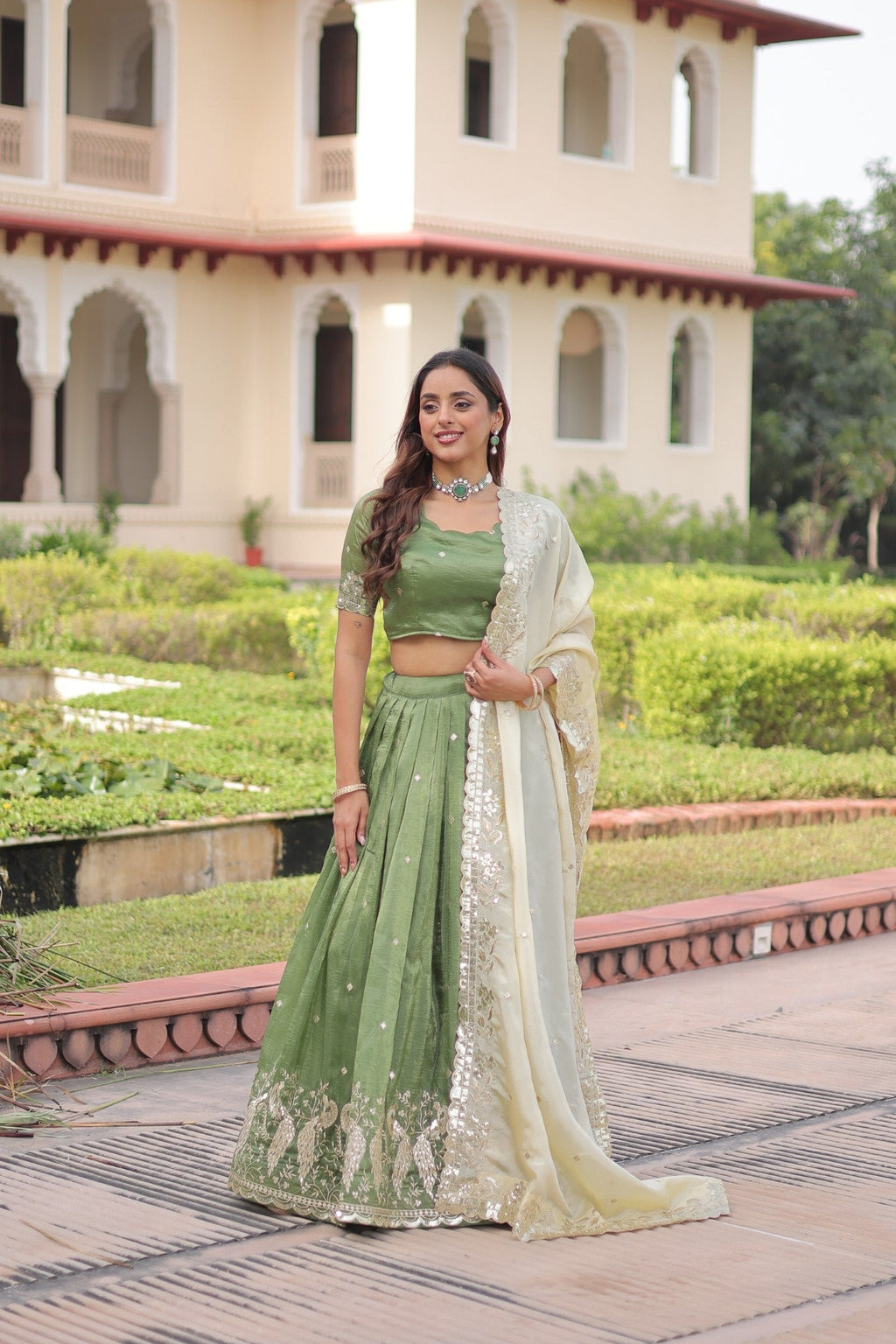 Lorenvalley Fashion Parrot Green Gold Crush with Sequins & Zari Embroidered Work Lehenga Choli with Dupatta - Distacart