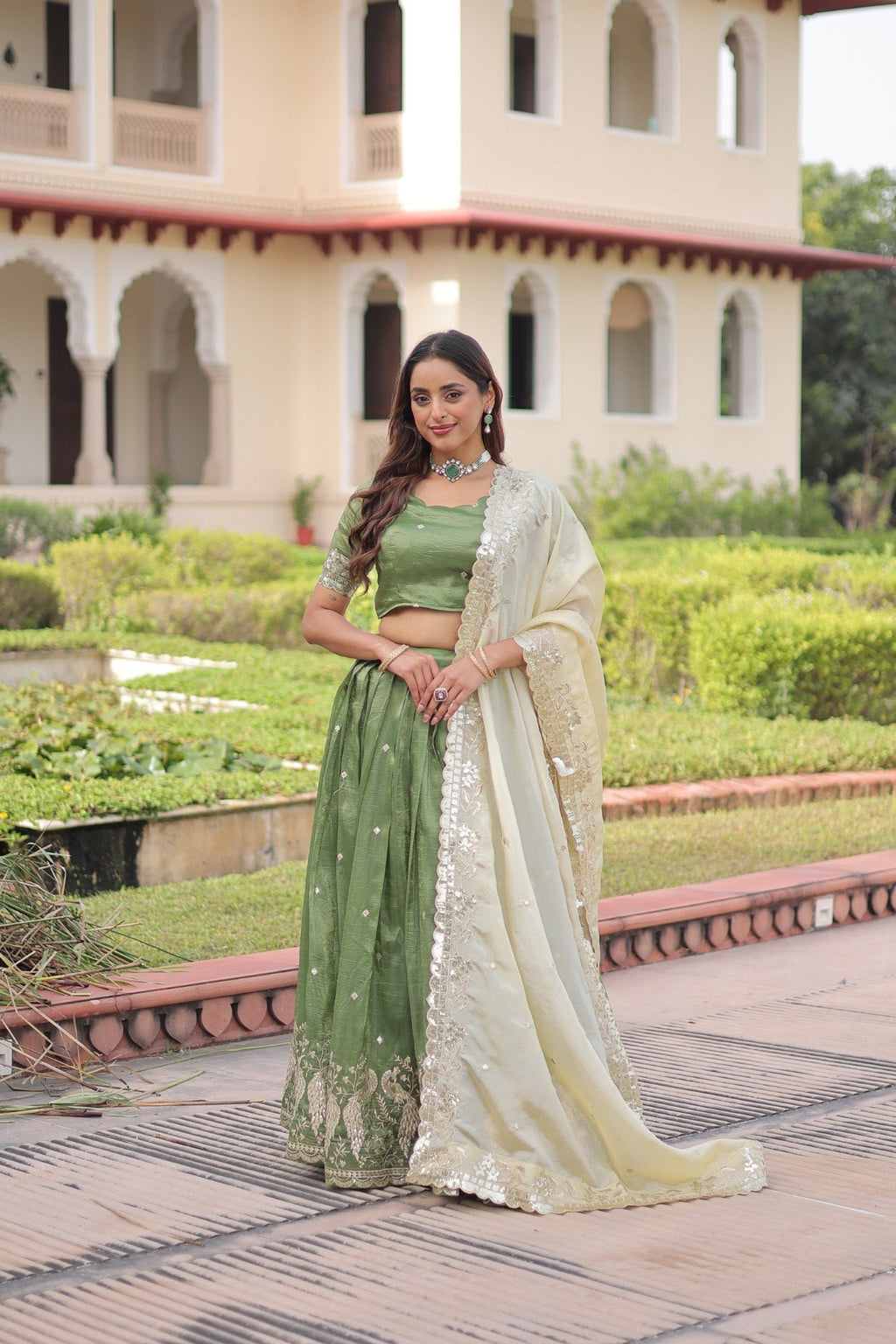Lorenvalley Fashion Parrot Green Gold Crush with Sequins & Zari Embroidered Work Lehenga Choli with Dupatta - Distacart