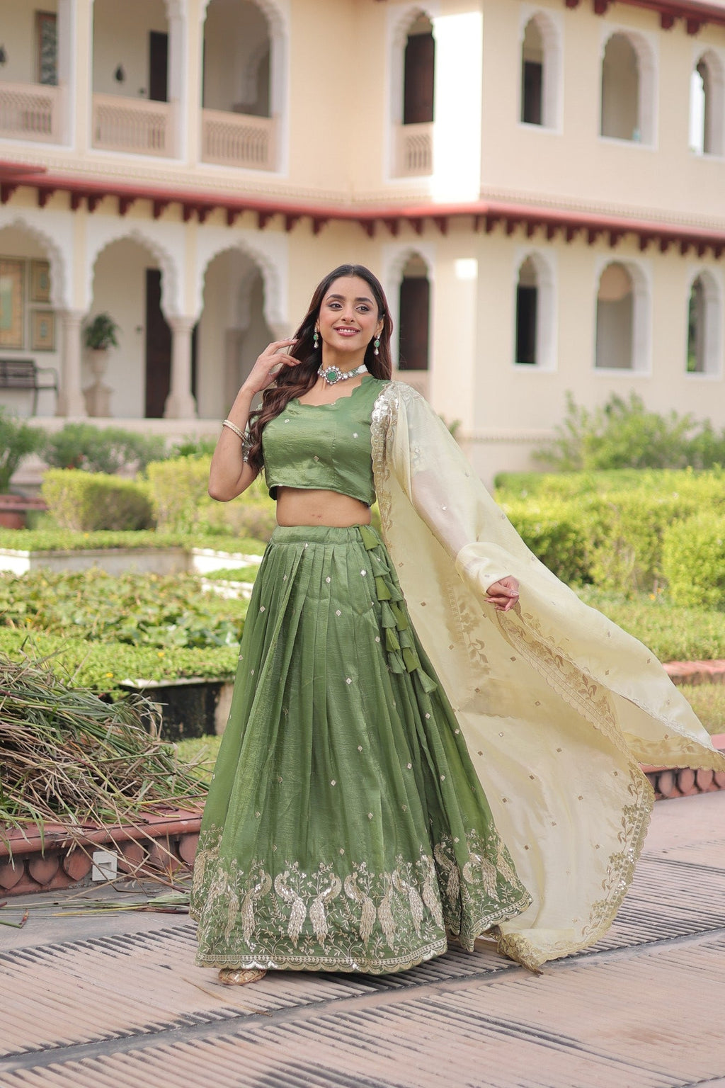 Lorenvalley Fashion Parrot Green Gold Crush with Sequins & Zari Embroidered Work Lehenga Choli with Dupatta - Distacart