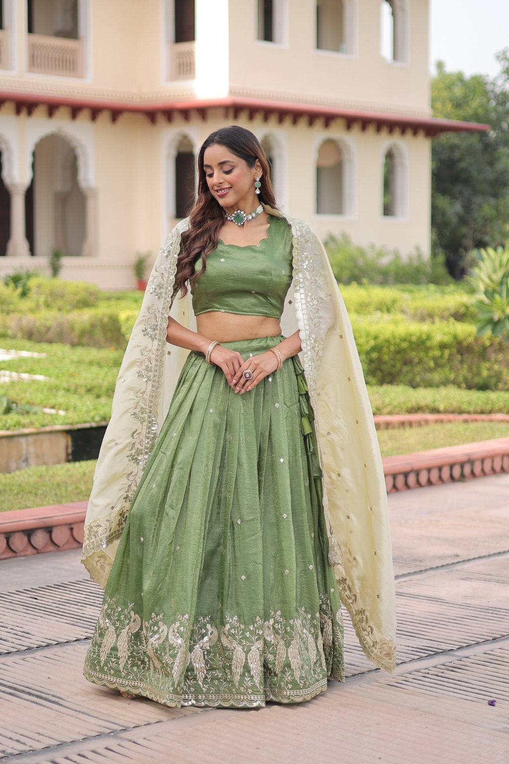 Lorenvalley Fashion Parrot Green Gold Crush with Sequins & Zari Embroidered Work Lehenga Choli with Dupatta - Distacart