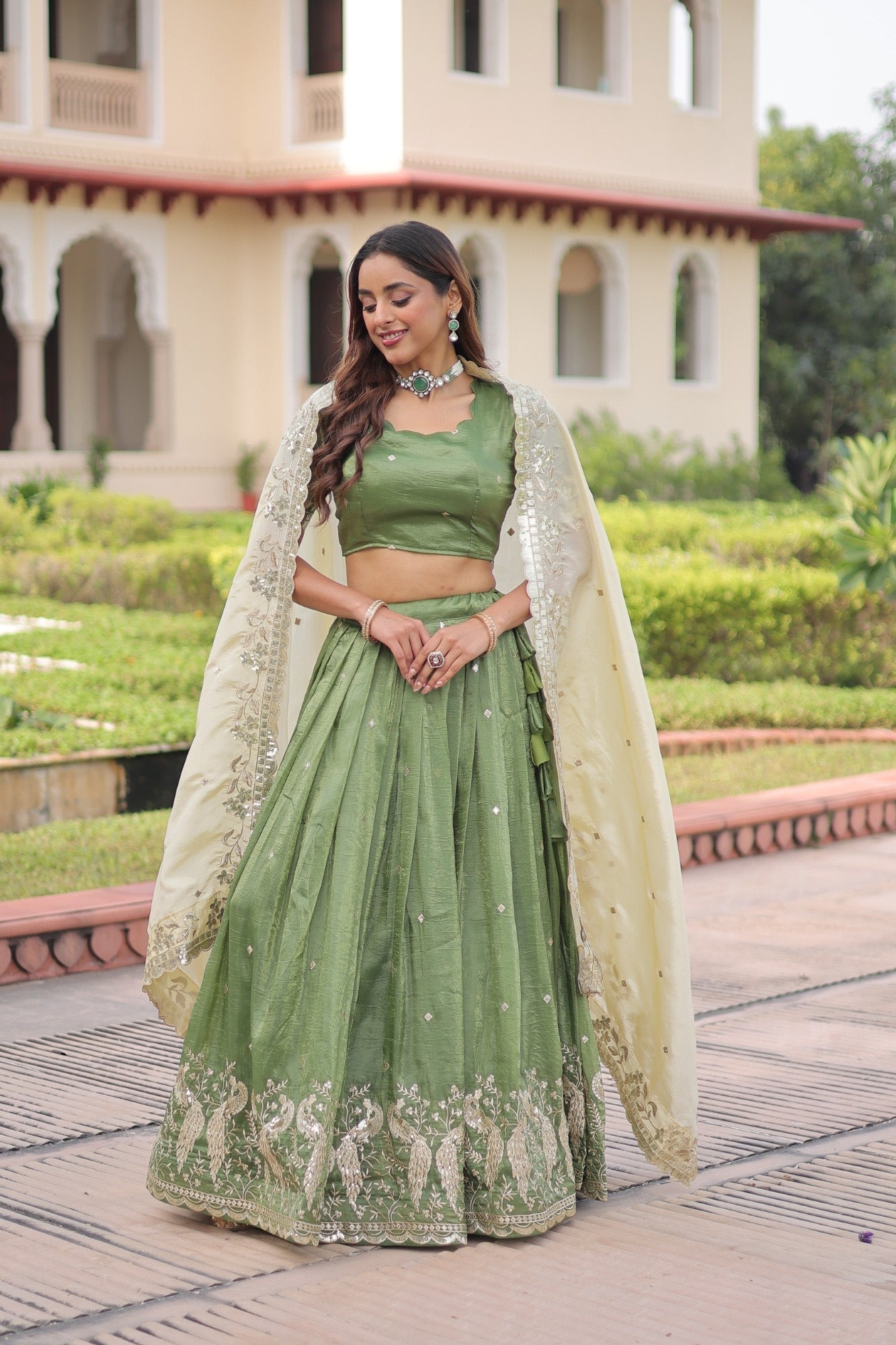 Lorenvalley Fashion Parrot Green Gold Crush with Sequins & Zari Embroidered Work Lehenga Choli with Dupatta - Distacart