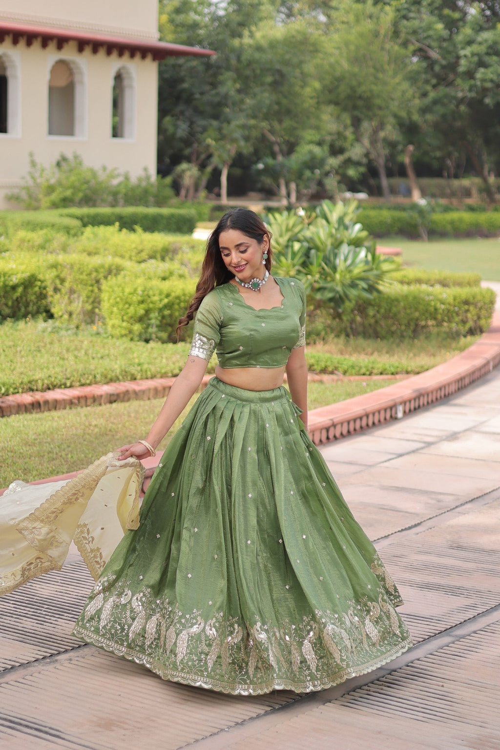 Lorenvalley Fashion Parrot Green Gold Crush with Sequins & Zari Embroidered Work Lehenga Choli with Dupatta - Distacart