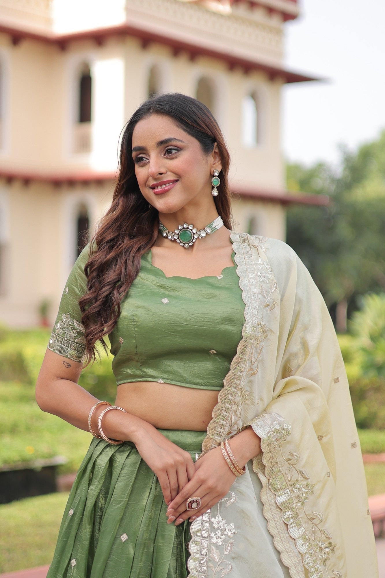Lorenvalley Fashion Parrot Green Gold Crush with Sequins & Zari Embroidered Work Lehenga Choli with Dupatta - Distacart