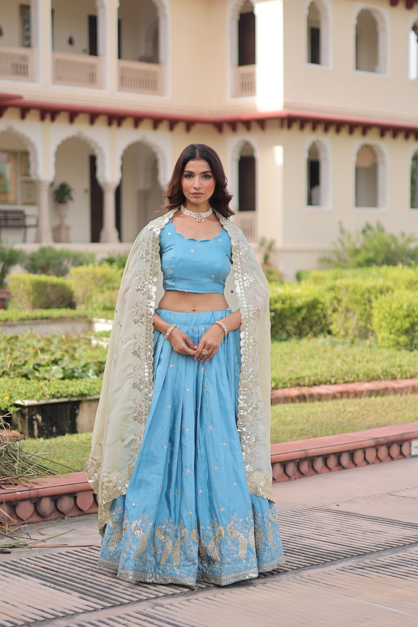 Lorenvalley Fashion Skyblue Gold Crush with Sequins & Zari Embroidered Work Lehenga Choli with Dupatta - Distacart