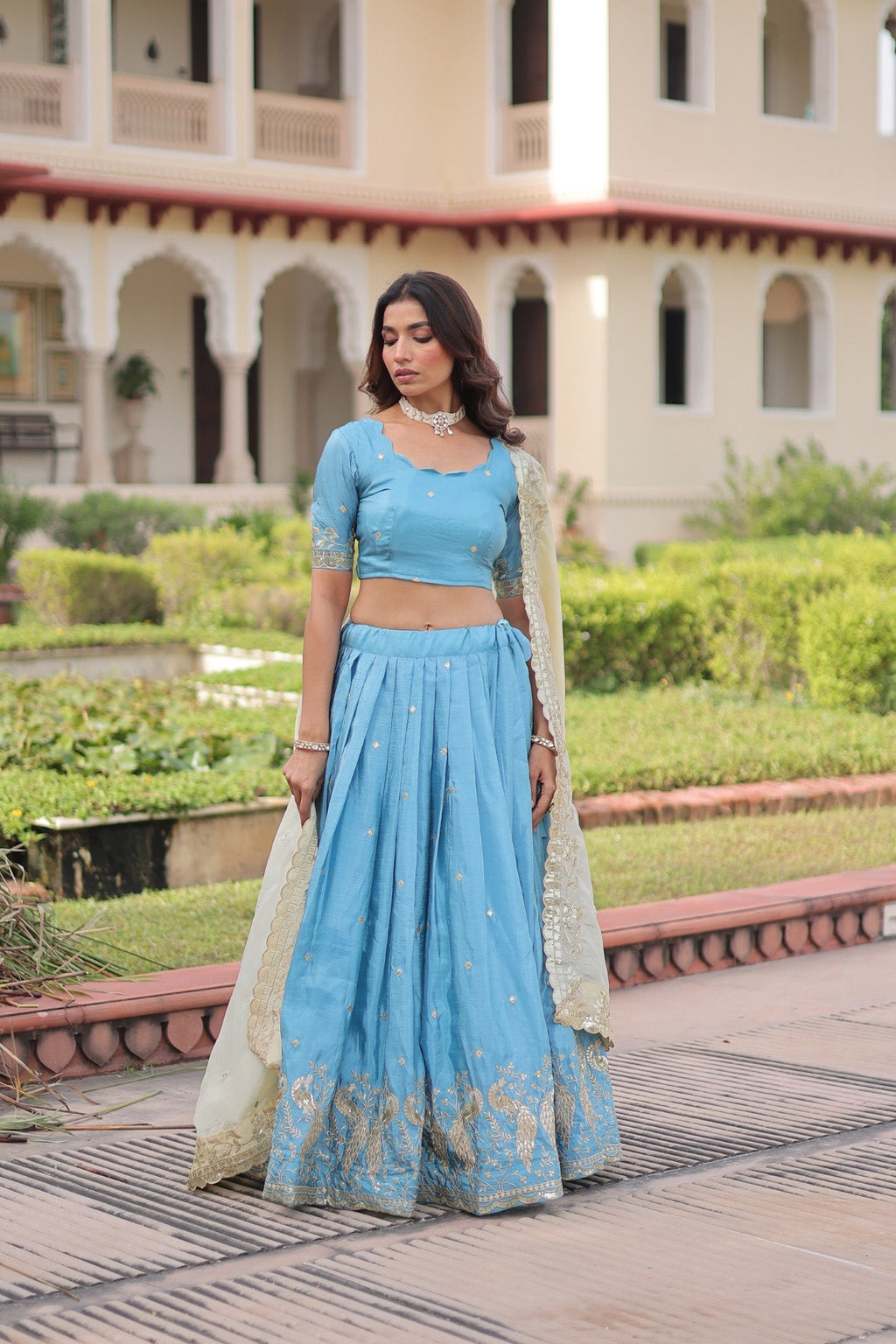 Lorenvalley Fashion Skyblue Gold Crush with Sequins & Zari Embroidered Work Lehenga Choli with Dupatta - Distacart