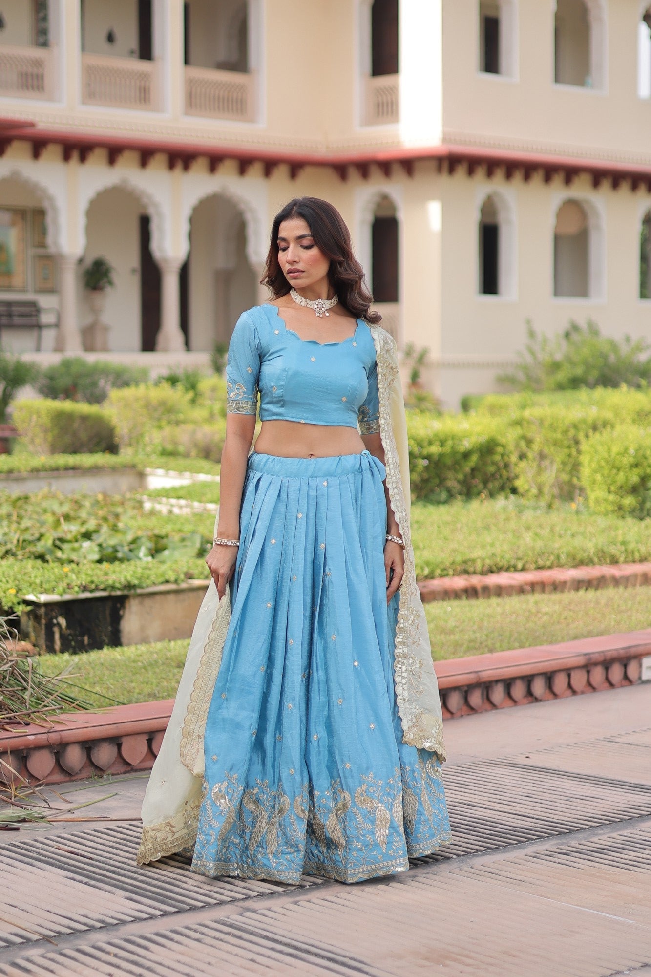 Lorenvalley Fashion Skyblue Gold Crush with Sequins & Zari Embroidered Work Lehenga Choli with Dupatta - Distacart