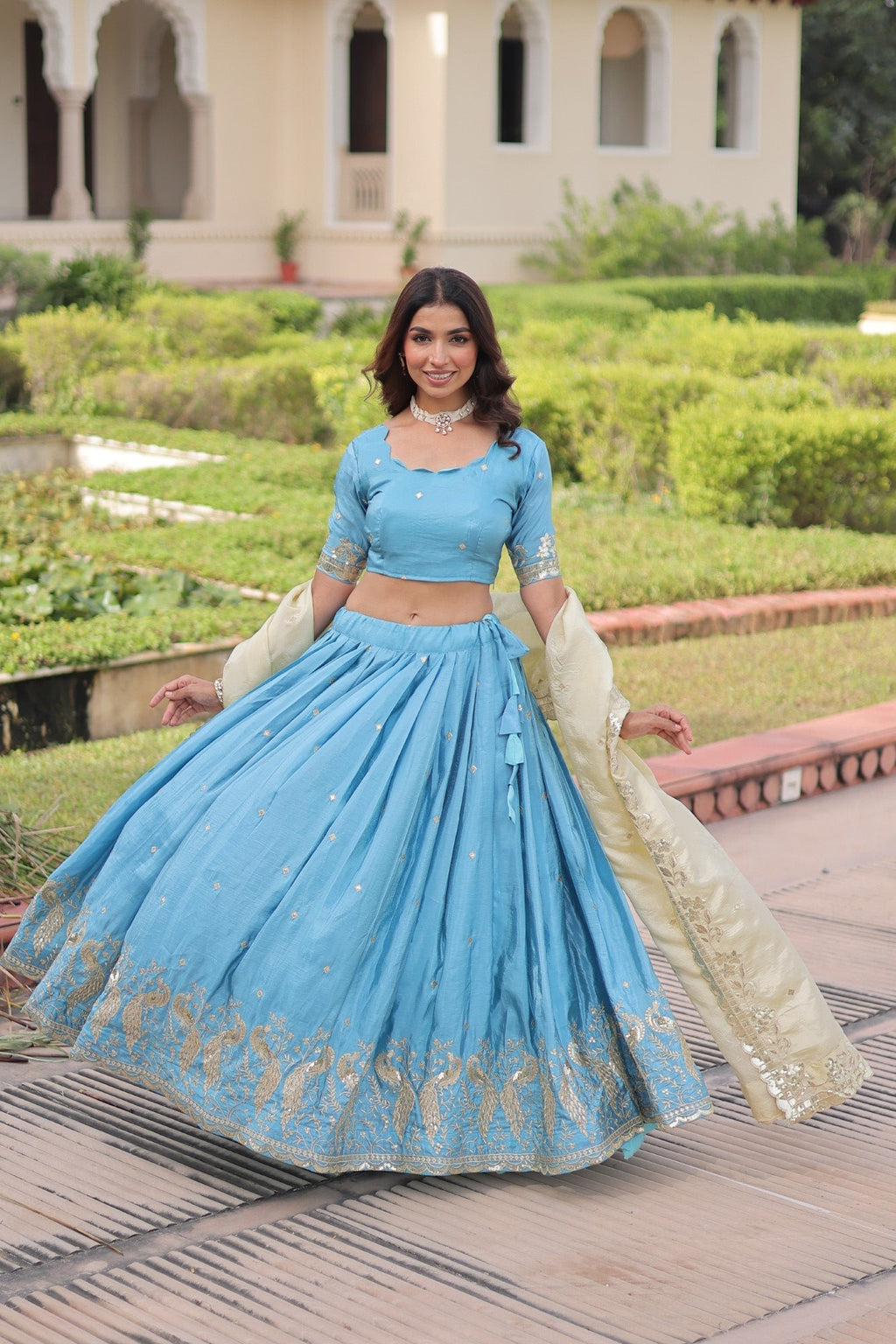 Lorenvalley Fashion Skyblue Gold Crush with Sequins & Zari Embroidered Work Lehenga Choli with Dupatta - Distacart