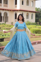Lorenvalley Fashion Skyblue Gold Crush with Sequins & Zari Embroidered Work Lehenga Choli with Dupatta - Distacart