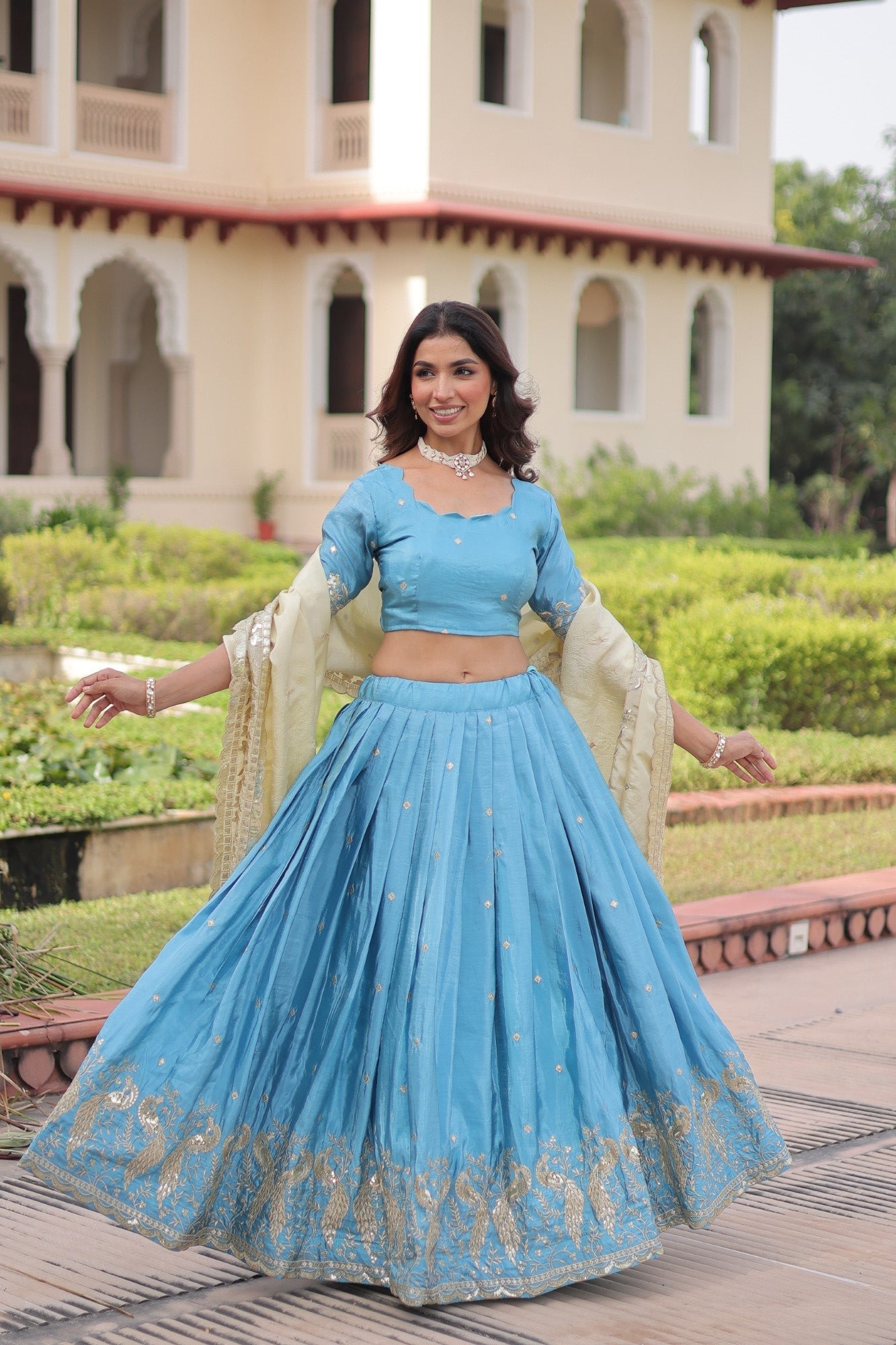 Lorenvalley Fashion Skyblue Gold Crush with Sequins & Zari Embroidered Work Lehenga Choli with Dupatta - Distacart