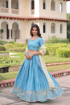 Lorenvalley Fashion Skyblue Gold Crush with Sequins & Zari Embroidered Work Lehenga Choli with Dupatta - Distacart