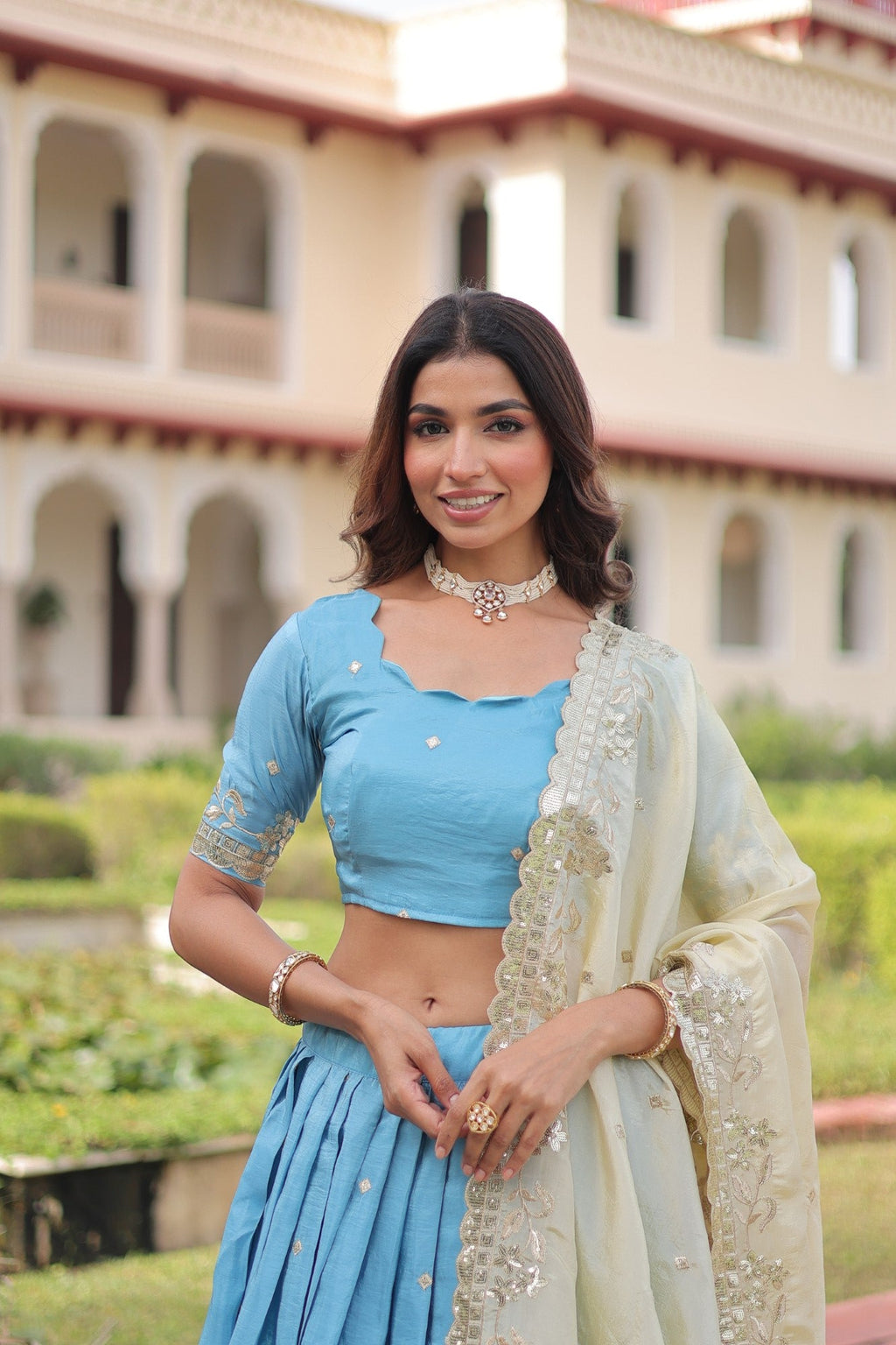 Lorenvalley Fashion Skyblue Gold Crush with Sequins & Zari Embroidered Work Lehenga Choli with Dupatta - Distacart