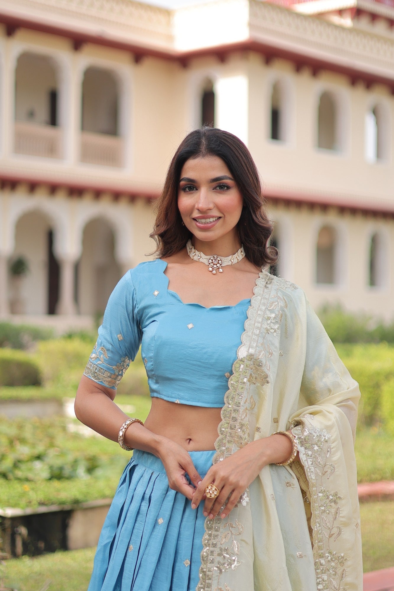 Lorenvalley Fashion Skyblue Gold Crush with Sequins & Zari Embroidered Work Lehenga Choli with Dupatta - Distacart