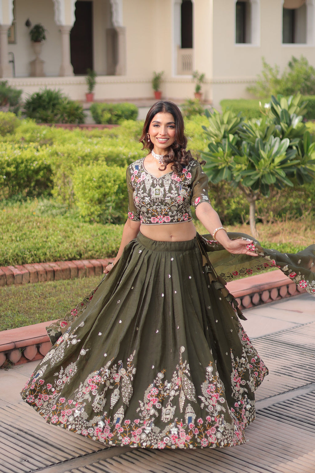 Lorenvalley Fashion Green Gold Crush With Sequins Zari And Coding Embroidered Work Lehenga Choli With Dupatta - Distacart
