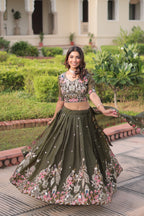 Lorenvalley Fashion Green Gold Crush With Sequins Zari And Coding Embroidered Work Lehenga Choli With Dupatta - Distacart