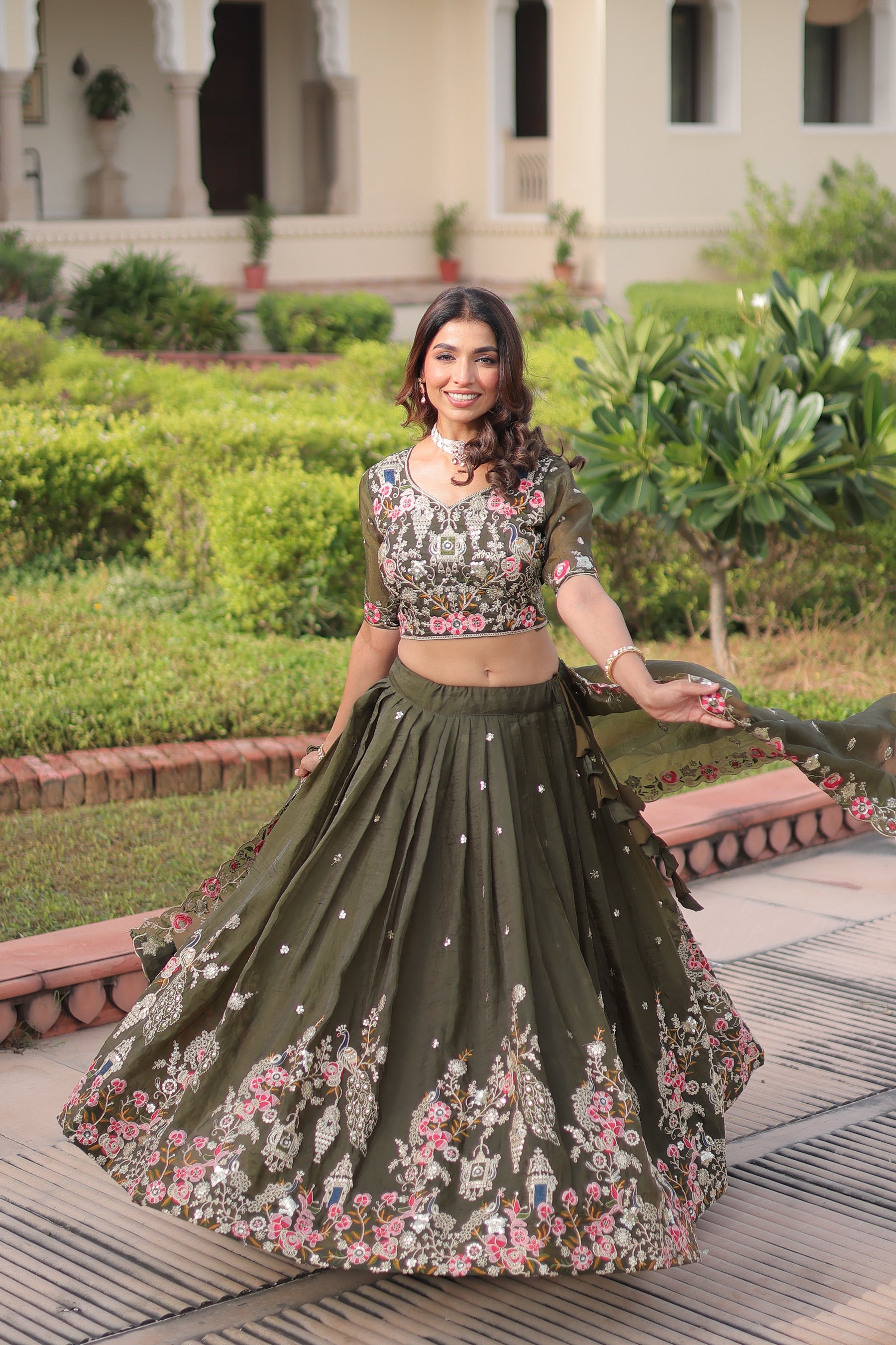 Lorenvalley Fashion Green Gold Crush With Sequins Zari And Coding Embroidered Work Lehenga Choli With Dupatta - Distacart