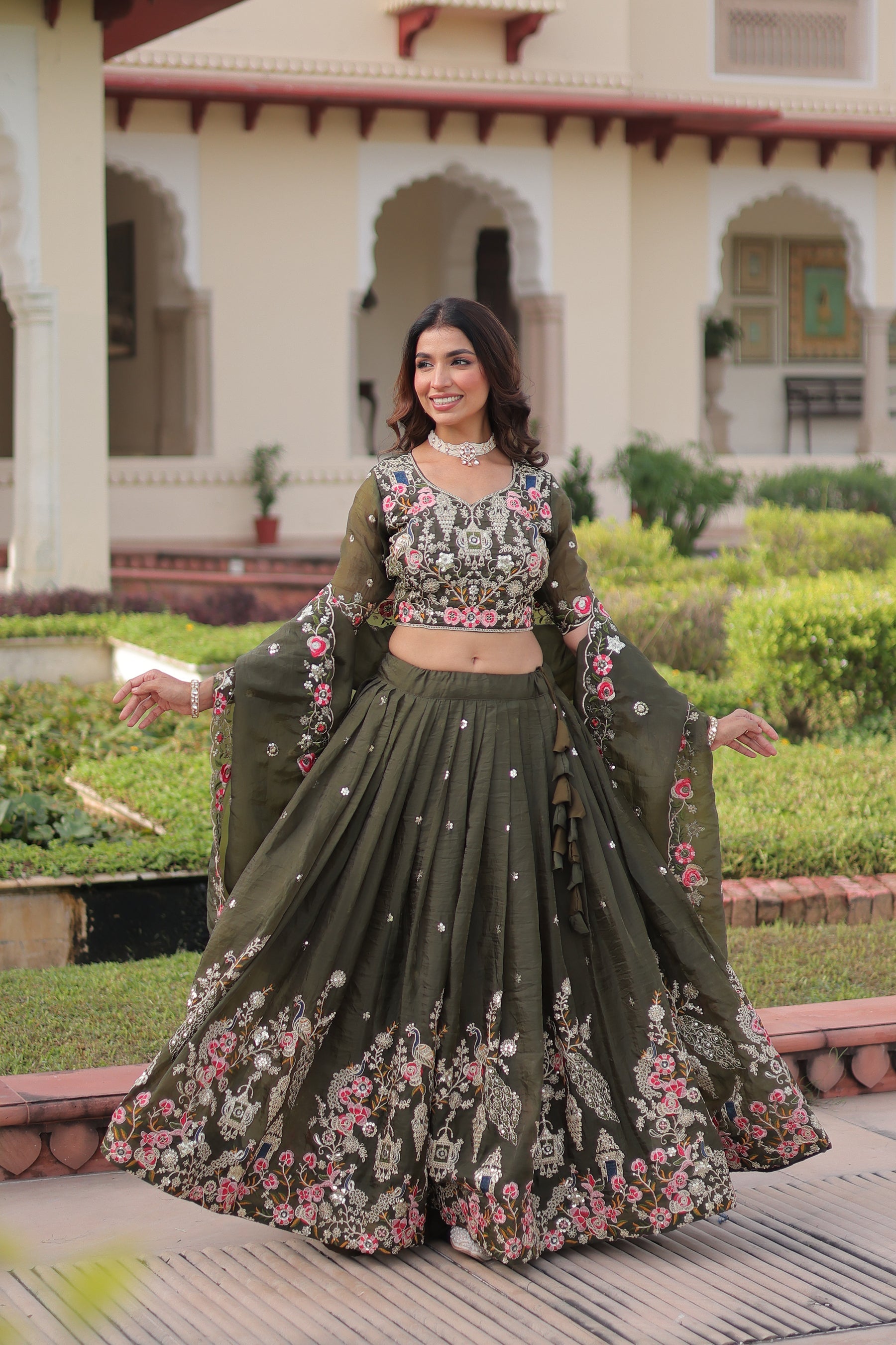 Lorenvalley Fashion Green Gold Crush With Sequins Zari And Coding Embroidered Work Lehenga Choli With Dupatta - Distacart