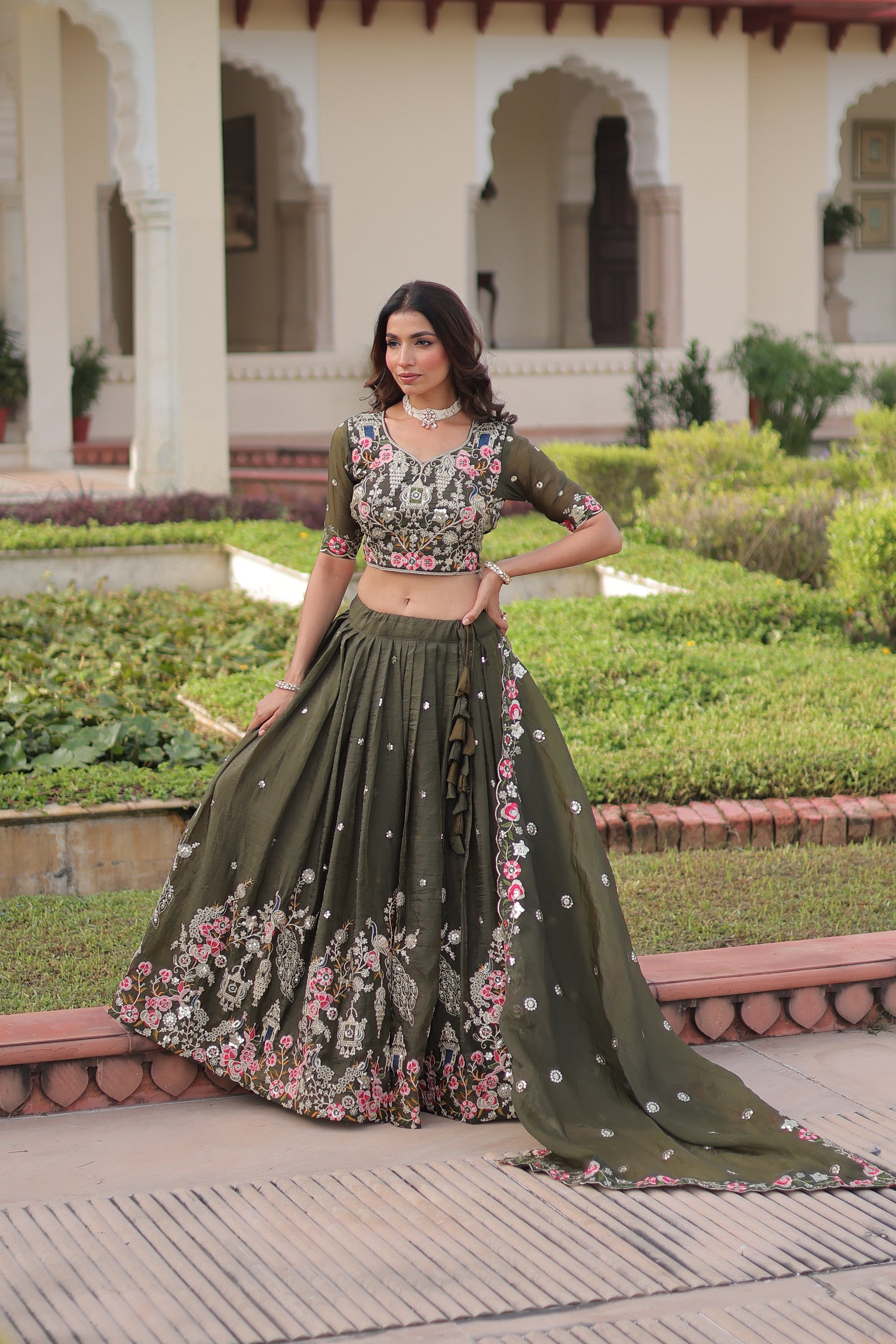 Lorenvalley Fashion Green Gold Crush With Sequins Zari And Coding Embroidered Work Lehenga Choli With Dupatta - Distacart