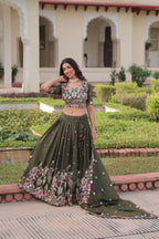 Lorenvalley Fashion Green Gold Crush With Sequins Zari And Coding Embroidered Work Lehenga Choli With Dupatta - Distacart