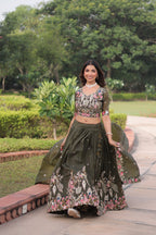 Lorenvalley Fashion Green Gold Crush With Sequins Zari And Coding Embroidered Work Lehenga Choli With Dupatta - Distacart