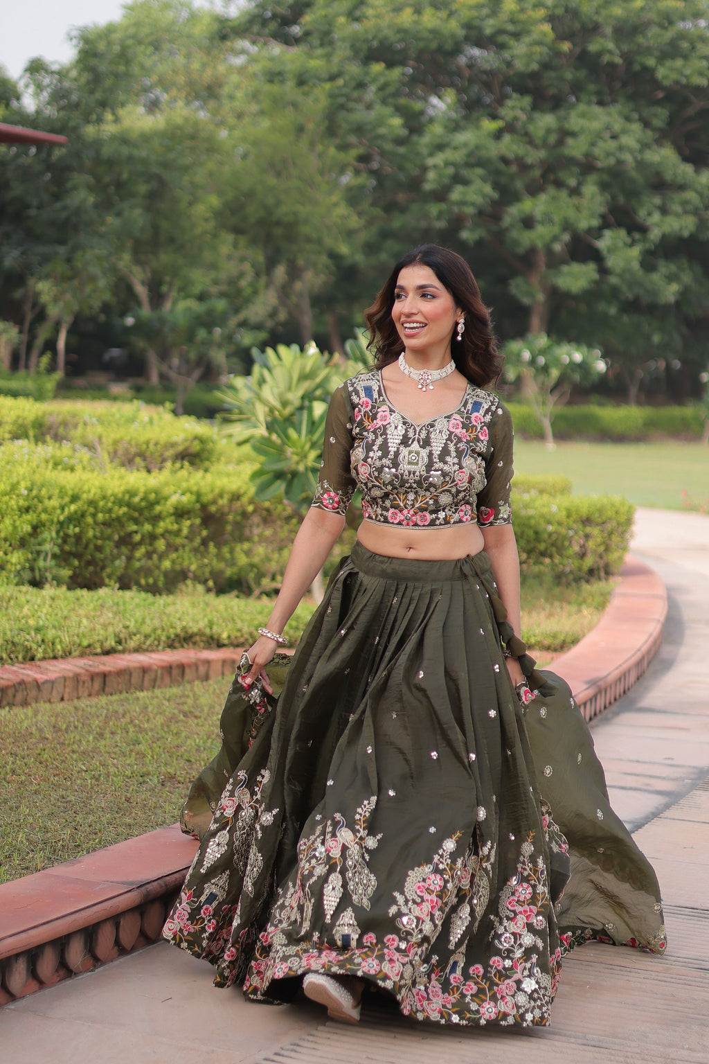 Lorenvalley Fashion Green Gold Crush With Sequins Zari And Coding Embroidered Work Lehenga Choli With Dupatta - Distacart