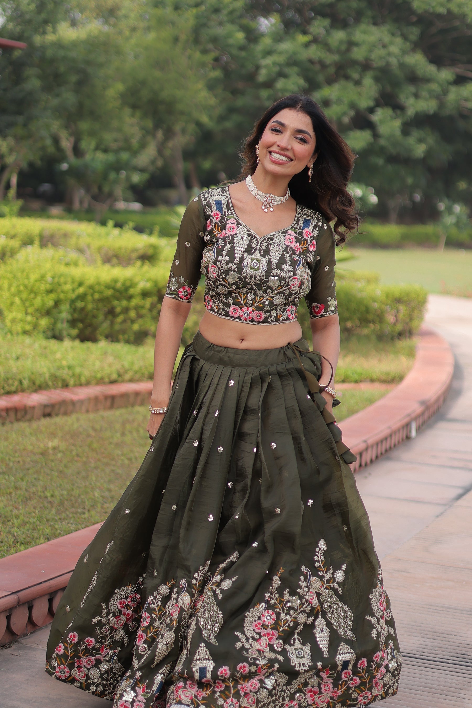 Lorenvalley Fashion Green Gold Crush With Sequins Zari And Coding Embroidered Work Lehenga Choli With Dupatta - Distacart