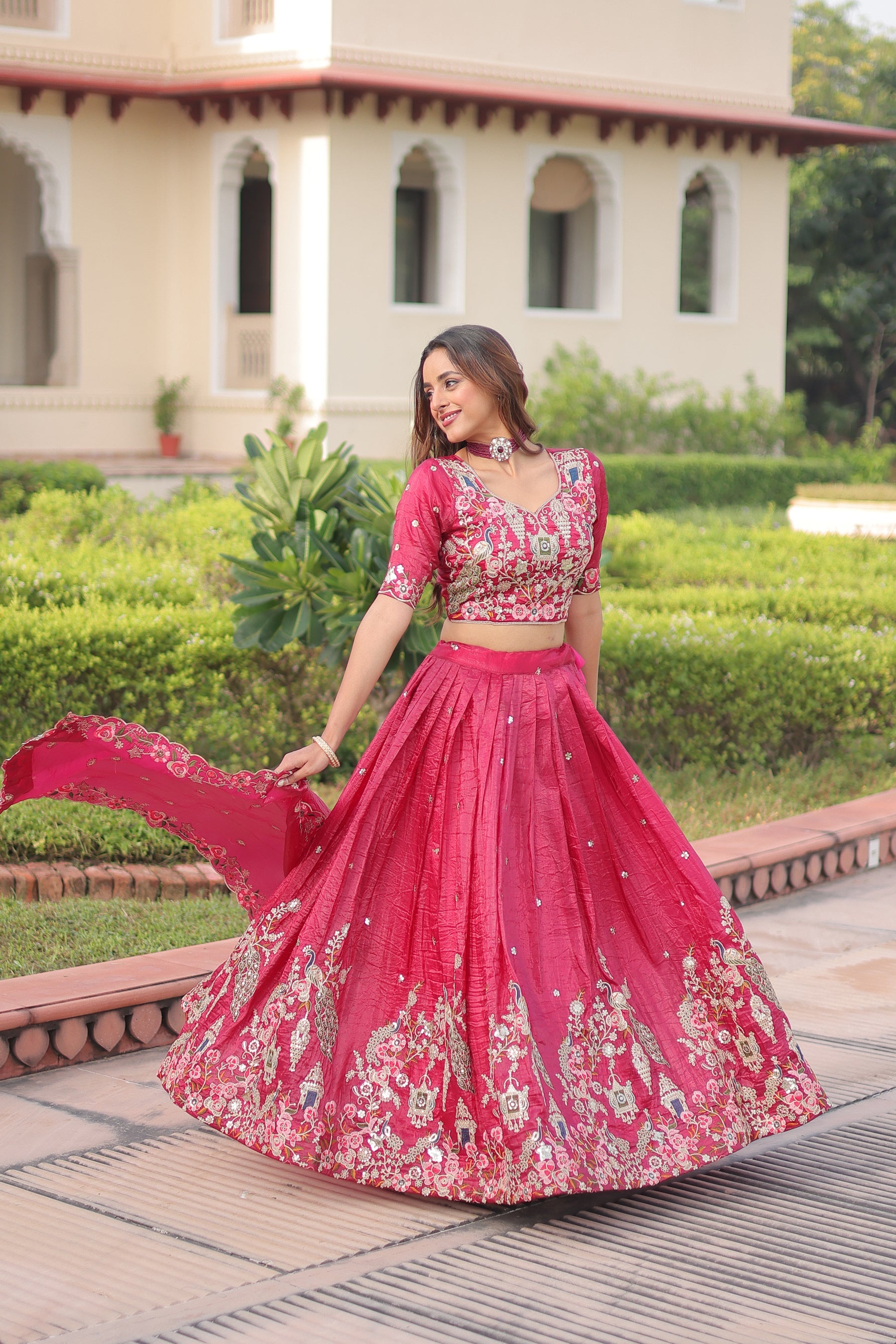 Lorenvalley Fashion Pink Gold Crush With Sequins Zari And Coding Embroidered Work Lehenga Choli With Dupatta - Distacart