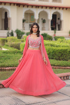 Lorenvalley Fashion Peach Faux Georgette Plain Lehenga Choli with Shrug