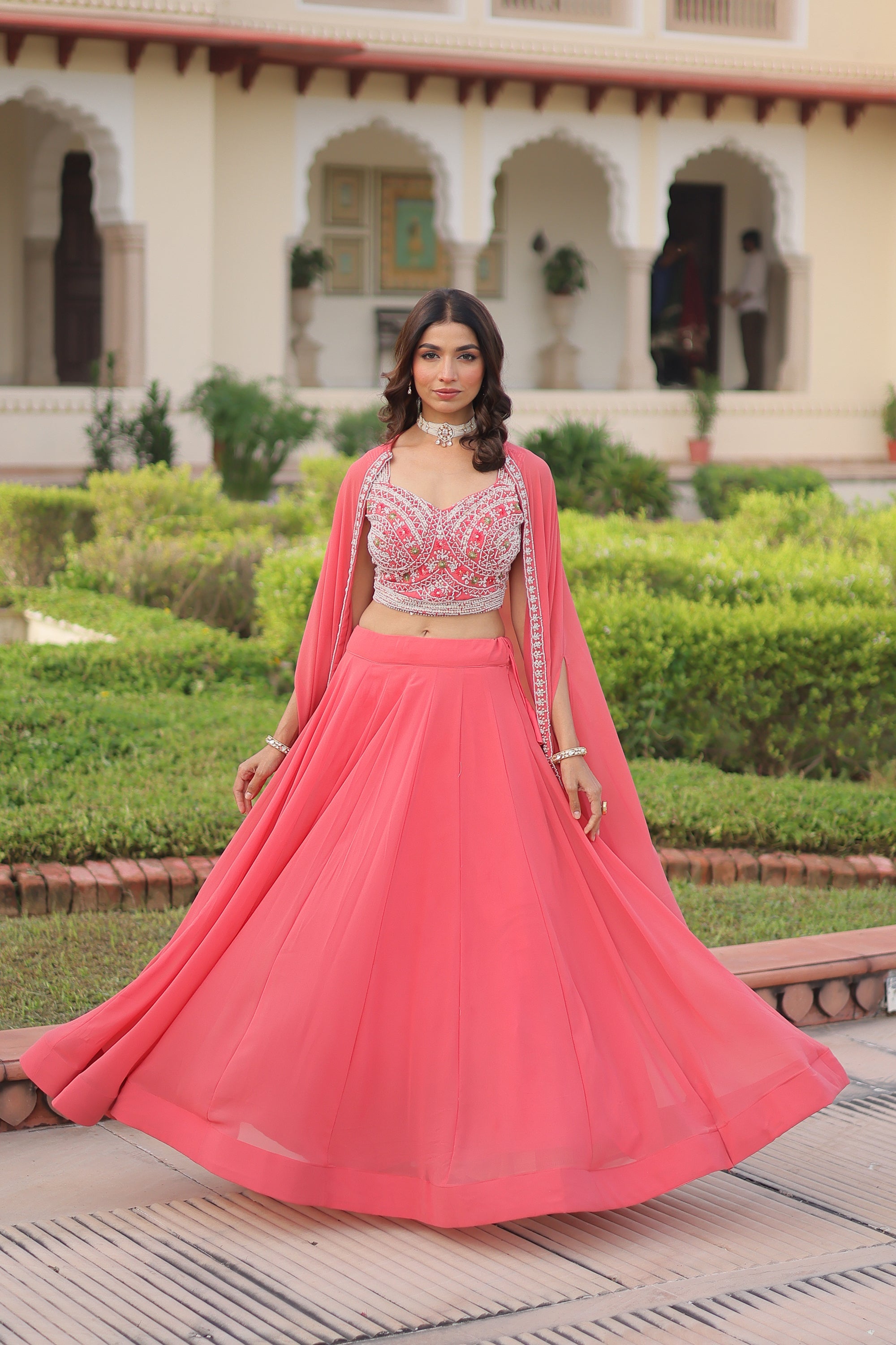 Lorenvalley Fashion Peach Faux Georgette Plain Lehenga Choli with Shrug