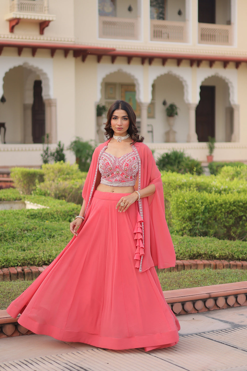 Lorenvalley Fashion Peach Faux Georgette Plain Lehenga Choli with Shrug