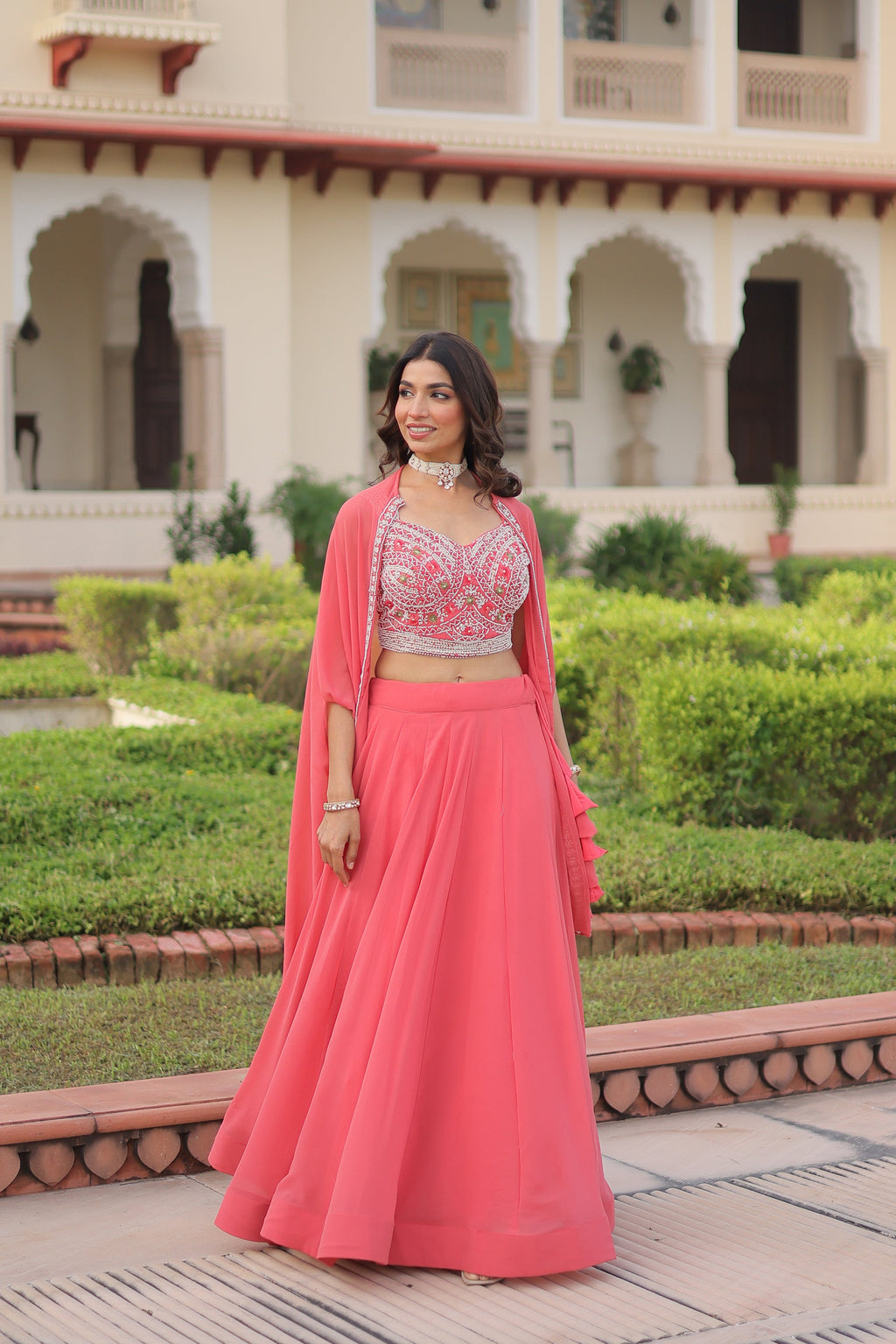 Lorenvalley Fashion Peach Faux Georgette Plain Lehenga Choli with Shrug