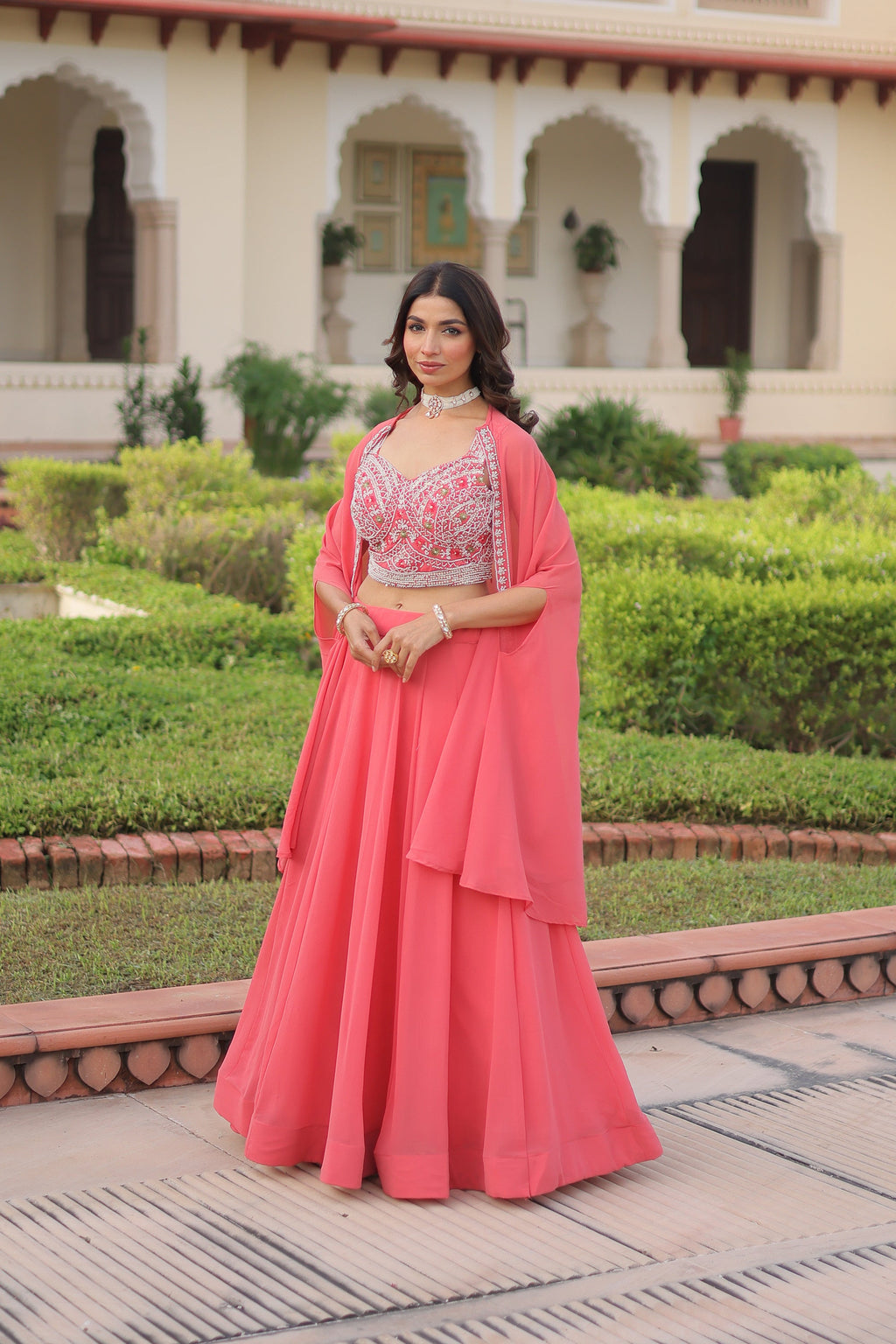 Lorenvalley Fashion Peach Faux Georgette Plain Lehenga Choli with Shrug